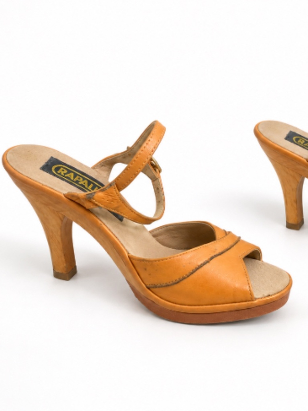 Vintage 1970s Rapallo Leather Wood Heel Sandals Size 5 One Owner